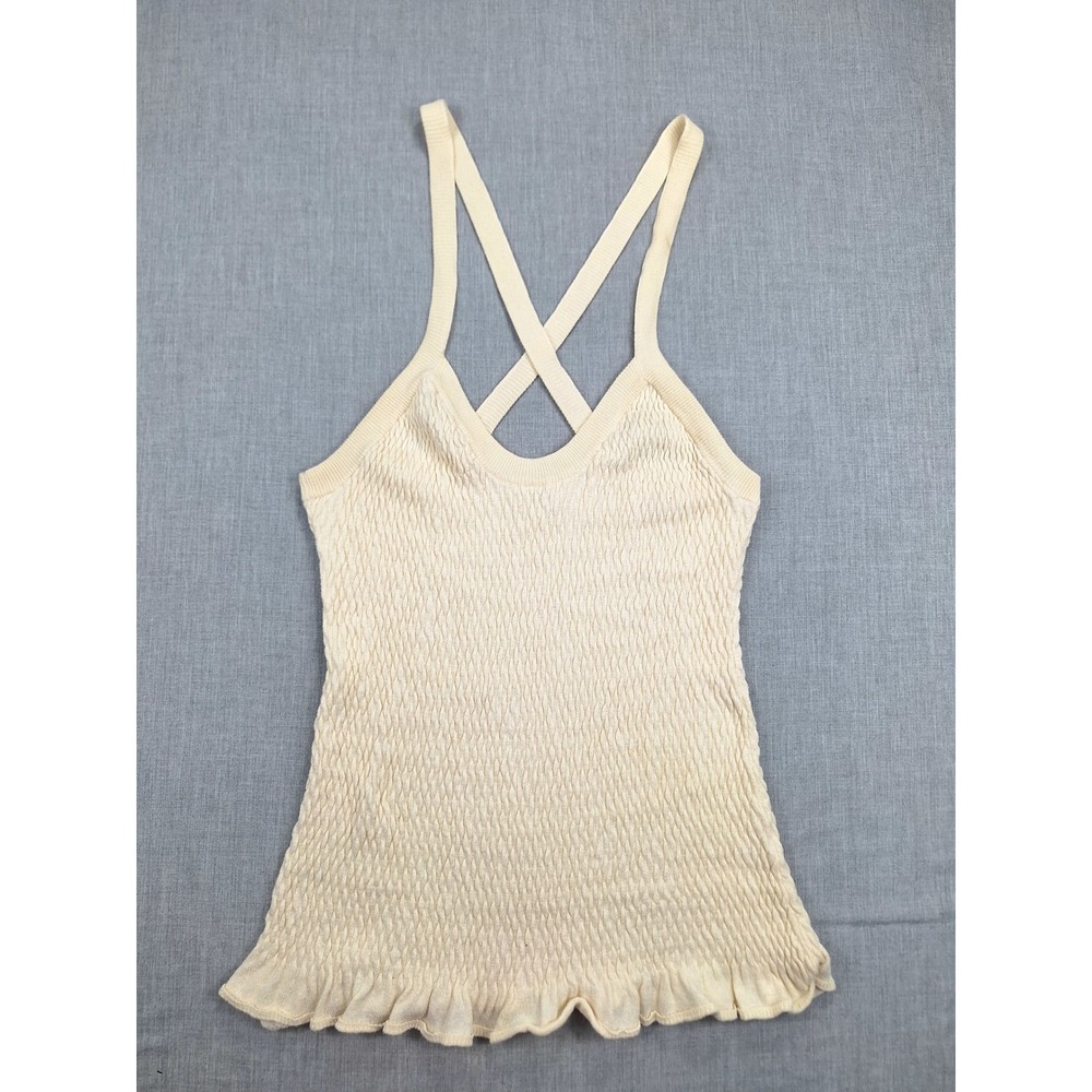 Ulla Johnson Cream Smocked Knit Ruffle Hem Crisscross Camisole Tank Top Large